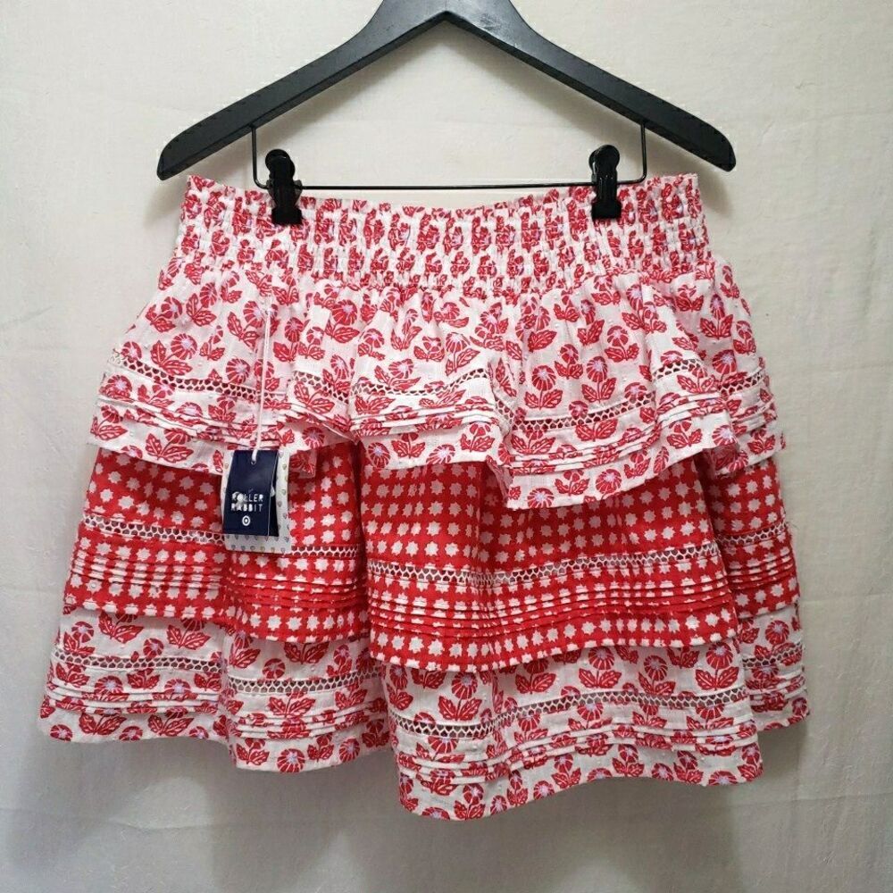 NWT Roller Rabbit Target Red White Floral Tiered Mini Skirt L Smocked Cotton